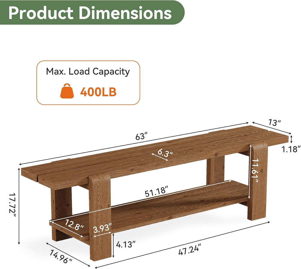 Solid Wood Entryway Bench with Shoe Storage Shelf, 63-Inch Long Farmhouse Ent...