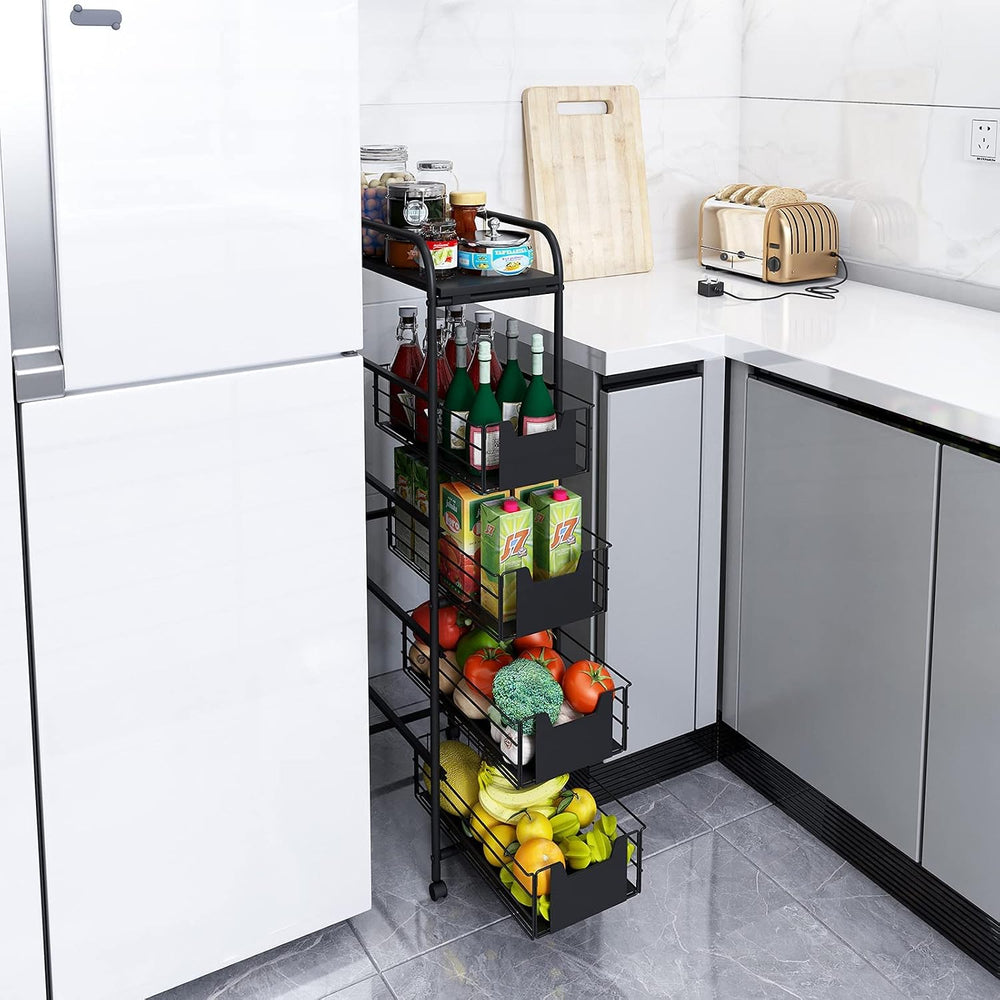 WHIFEA 5 Tier Slim Rolling Cart with Pull-Out Drawers, Multi-Layer Narrow Sto...