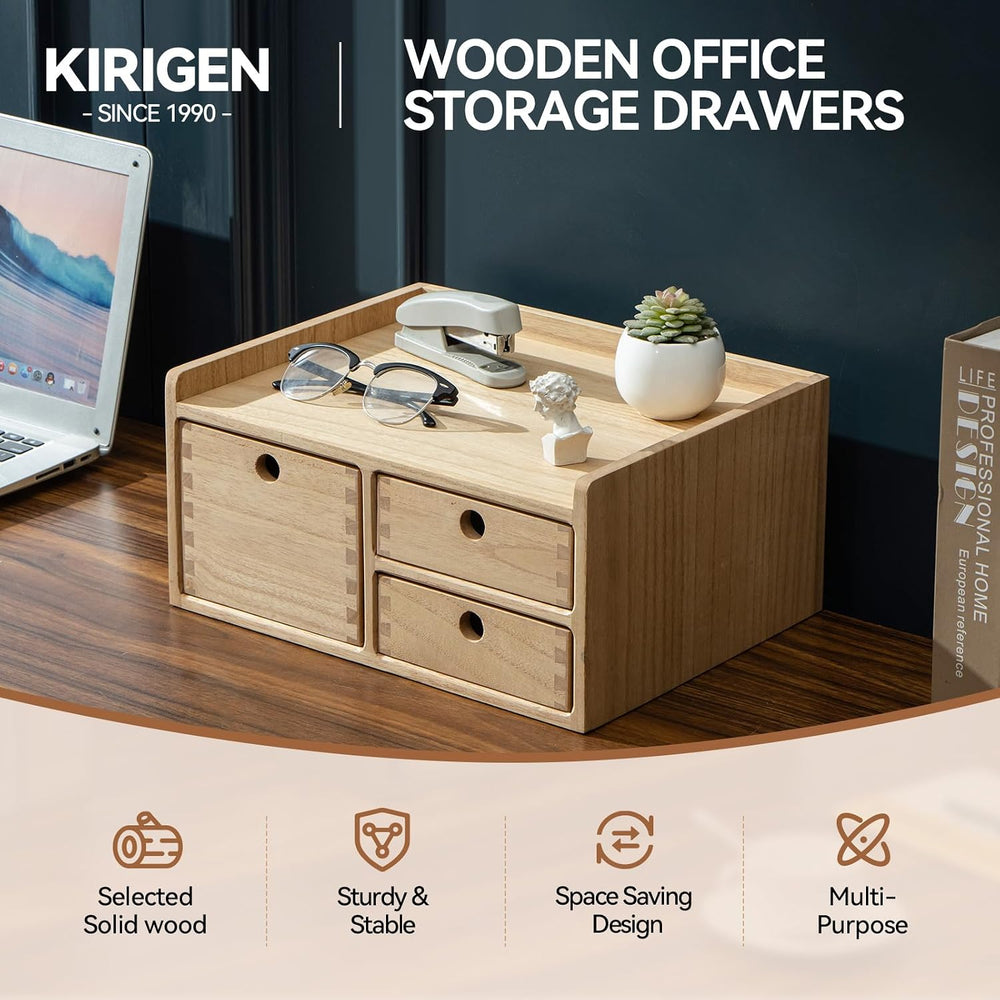 KIRIGEN Wooden Desk Organizer with 3 Drawers and Top Tray Natural DT1D3C-NA