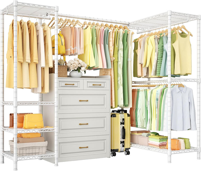 ULIFHOME E10L L-Shaped Clothes Rack for Corner(With Expandable Hanger Rod)Heavy Duty Freestanding Clothing Racks for Hanging Clothes,Portable Garment Rack 58-82"W x 30"D x 72"H,Max Load 900LBS, White