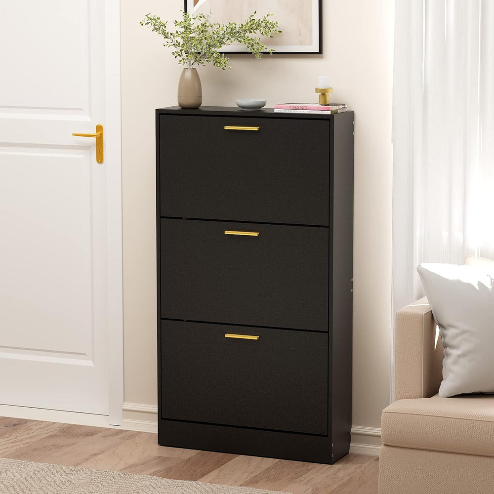 JOZZBY Modern Shoe Cabinet Storage with 3 Flip Drawers, Black丨Slim Freestandi...