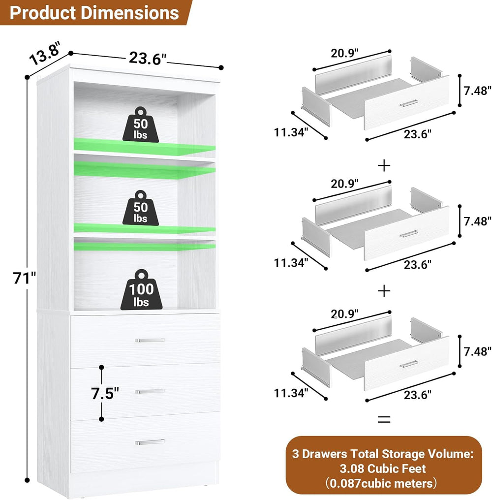 Aheaplus 47.2" Closet Drawers System, Closet System with 3 Drawers, White