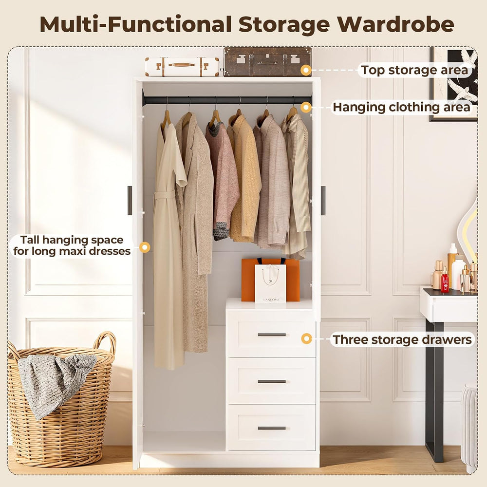 Wardrobe Closet with Doors, Bedroom Armoire with 3 Drawers and Hanging Rod