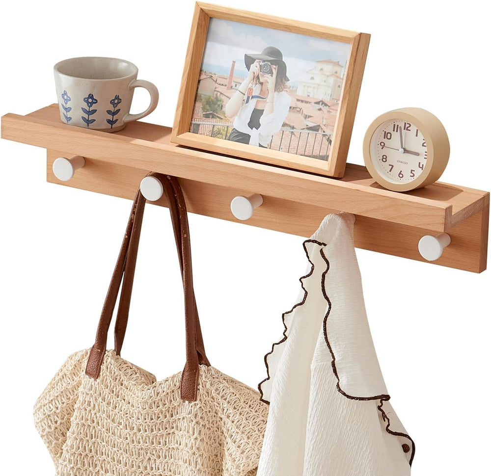 Wall Hooks with Shelf 24 inch, Beech Wood Entryway Wall with 5 Hooks, Floatin...