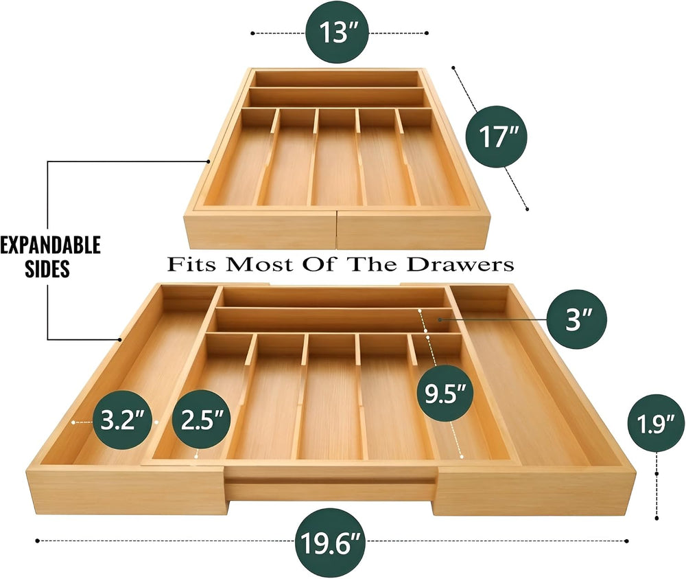 Bamboo Drawer Organizer – Expandable 9 Slot Silverware & Utensil Tray for...