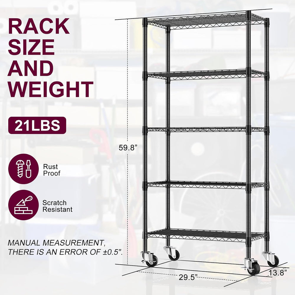 2 Pack 5-Tier Metal Wire Shelving Unit with Wheels & Feet, 14" D x 3...