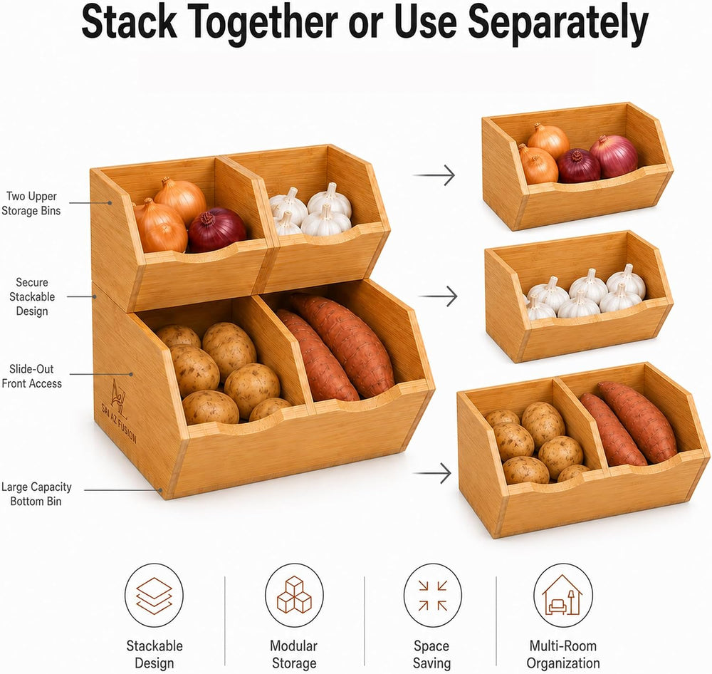 Bamboo Pantry Storage Bins - Set of 4 (2 Large, 2 Small) Stackable Potato and...