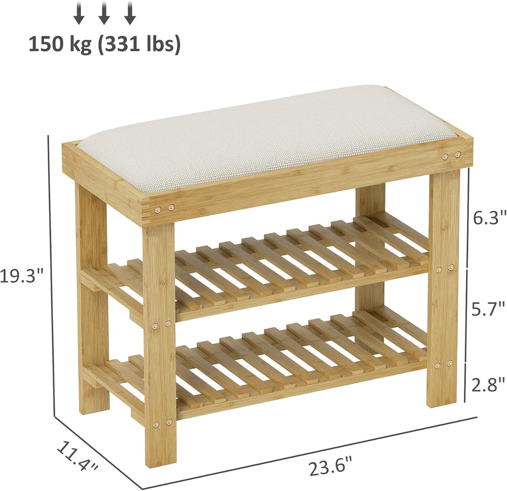 HOMCOM Small Bamboo Shoe Bench 3-Tier Storage 23.6" x 11.4" x 19.3&...