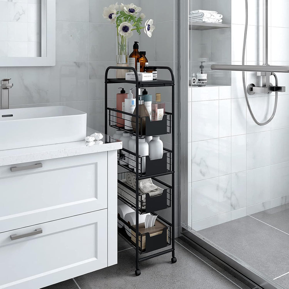 WHIFEA 5 Tier Slim Rolling Cart with Pull-Out Drawers, Multi-Layer Narrow Sto...