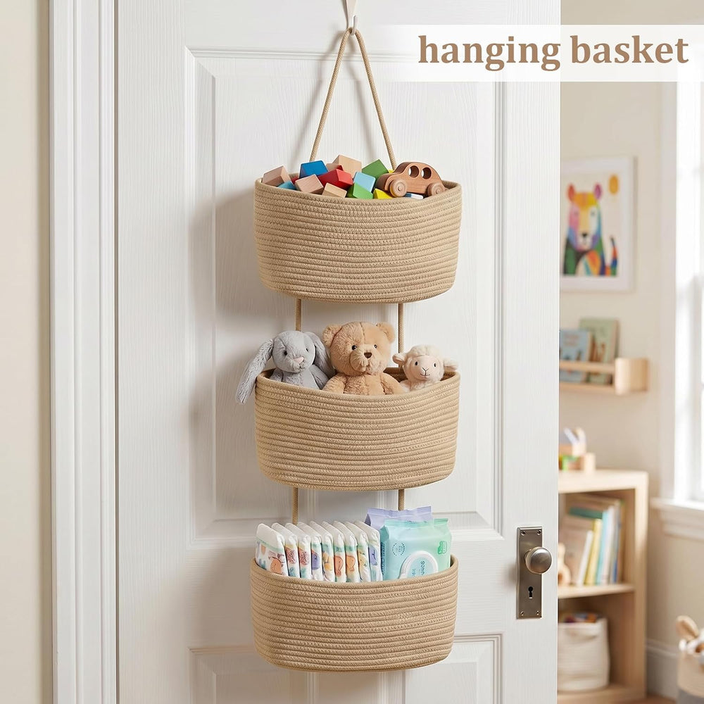 Over the Door Hanging Storage Basket 3 Tier Wall Organizer Jute Color