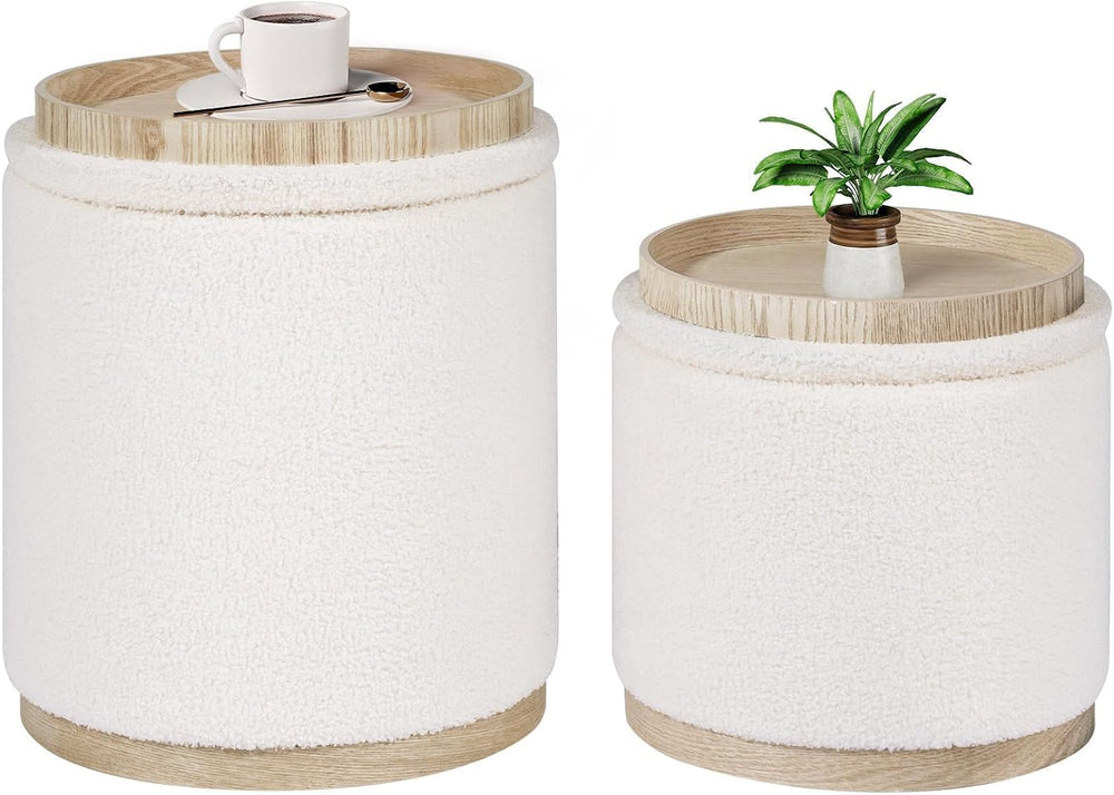 B FSOBEIIALEO 15" Boucle Storage Ottoman with Tray, Cream White, Set of 2