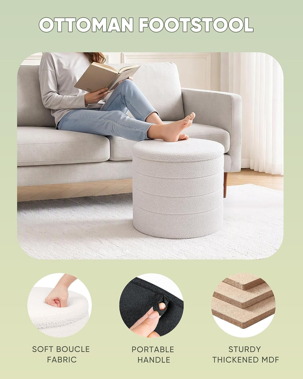 B FSOBEIIALEO Folding Storage Ottoman, Round Sherpa Ottomans, Cream White