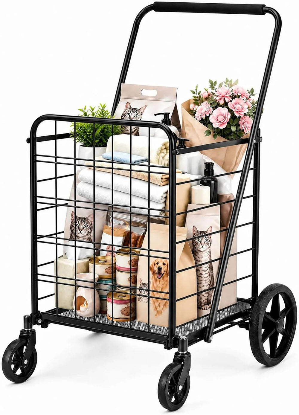 DWVO Utility Foldable Shopping Cart with Wheels, Large Portable Collapsible