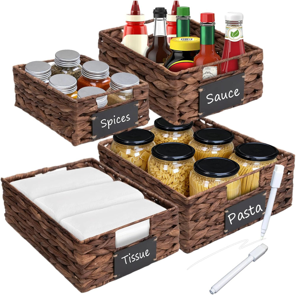 Set of 4 Sizes Hand-Woven Pantry Shelf Baskets, Hyacinth Storage Baskets with...