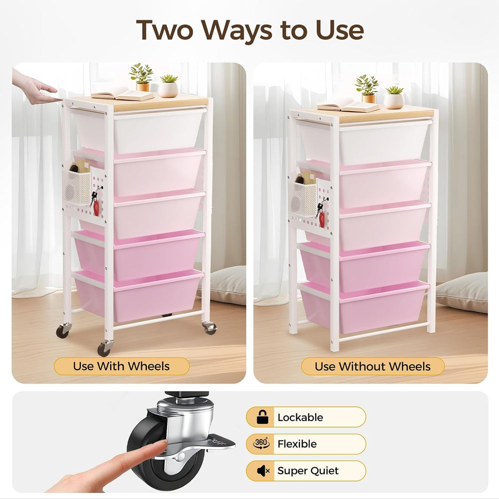 Rolling Cart with 5 Drawers, Plastic Drawer Storage Carts with Wheels & W...