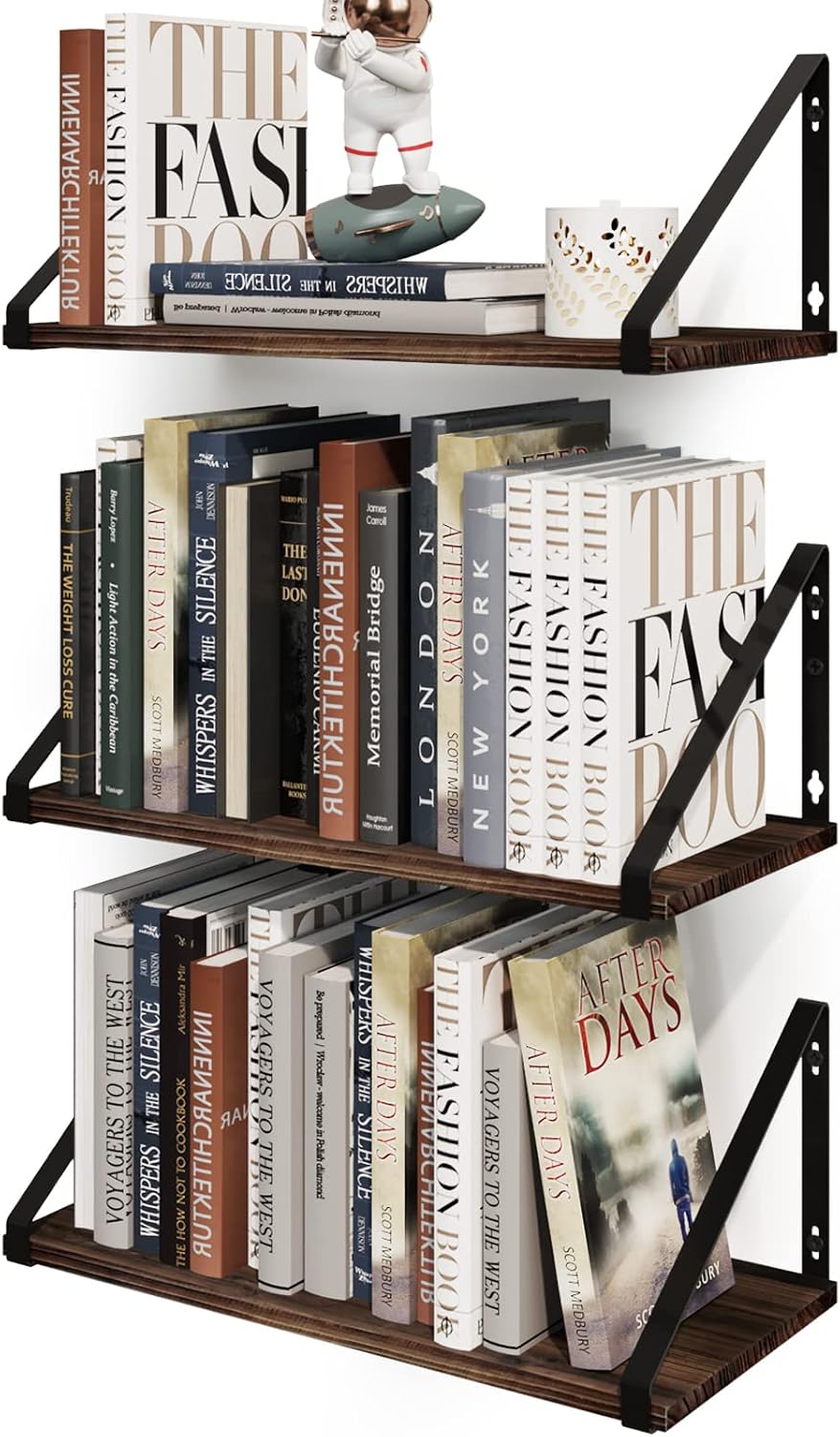 BAMEOS Floating Shelves Rustic Wood Wall Shelf, Small Bookshelf for Living Ro...