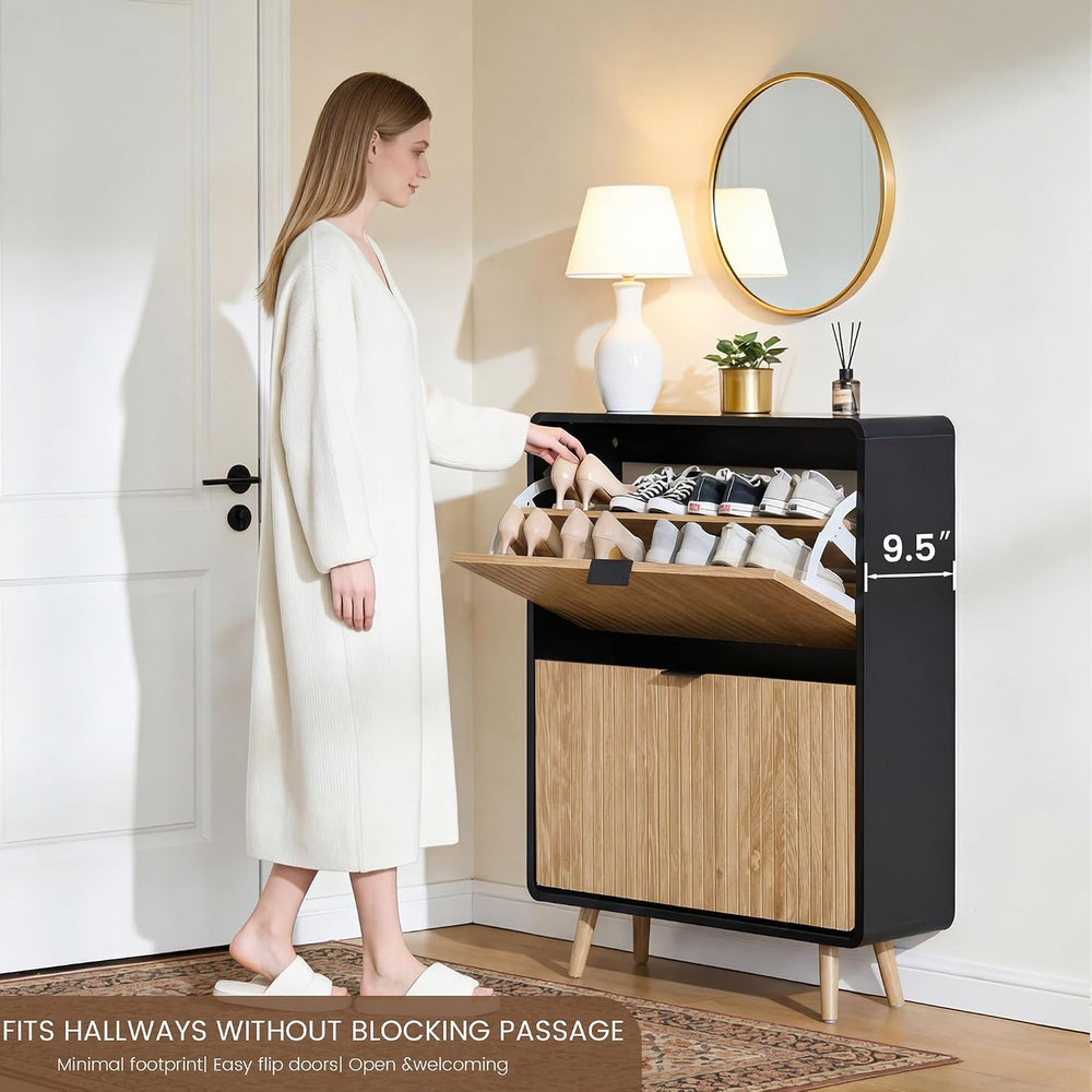 FurSch Fluted Shoe Storage Cabinet with 2 Flip Drawers, Narrow Shoe Rack Cabi...