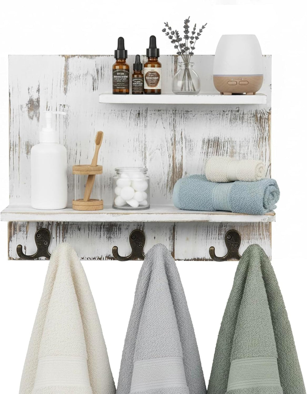 MyGift 2 Tier Wall Mounted Shabby White Washed Solid Wood Bathroom Storage Sh...