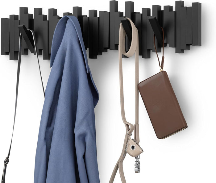 Umbra Sticks Wall Coat Rack, Wall Mount 8 Retractable Hooks, Black