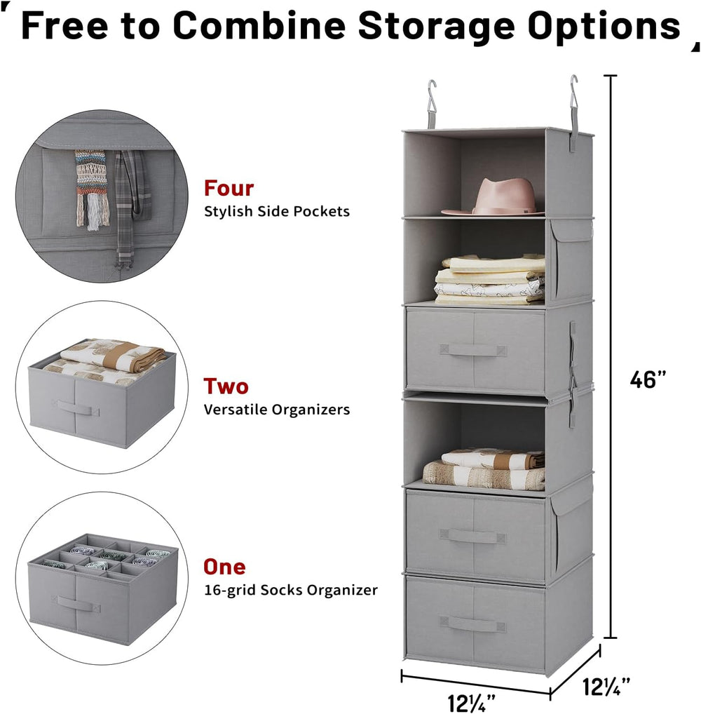 6-Shelf Hanging Closet Organizer with 3 Drawers, Separable, Medium Gray