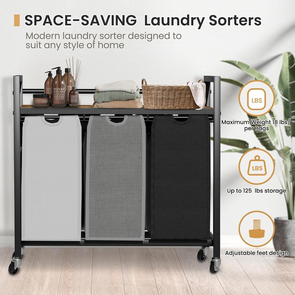 SwaaVee Laundry Sorter, Laundry Hamper 3 Section, 3×11.4Gal, Metal Frame Roll...