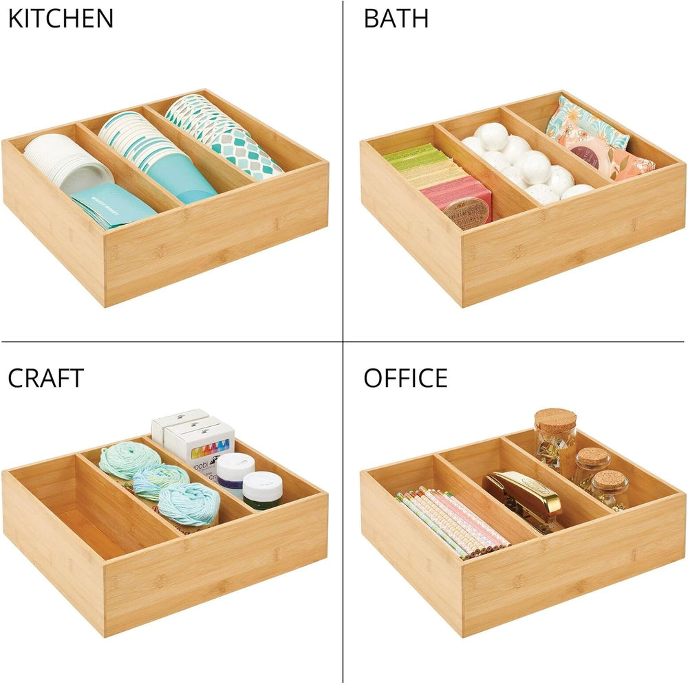mDesign Bamboo Pantry Organizer Bin Box, 3 Sections - Wooden Stackable Basket...