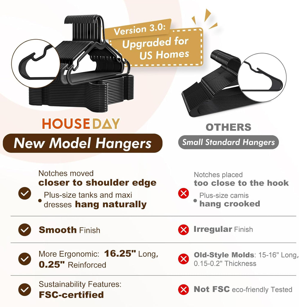 HOUSE DAY Black Plastic Hangers 100 Pack, Slim Clothes Hangers for Closet
