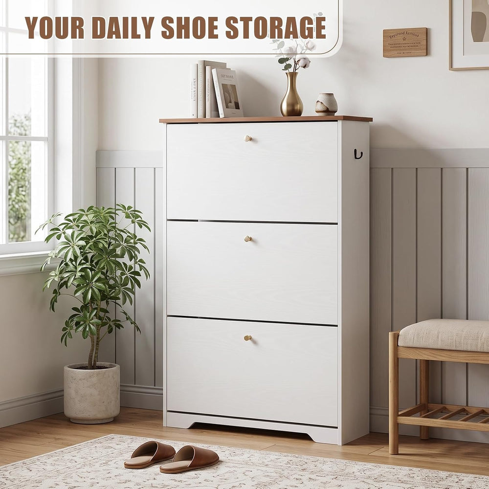 Nicetree Shoe Cabinet, 3 Flip Drawers Slim White Walnut Top Entry Storage