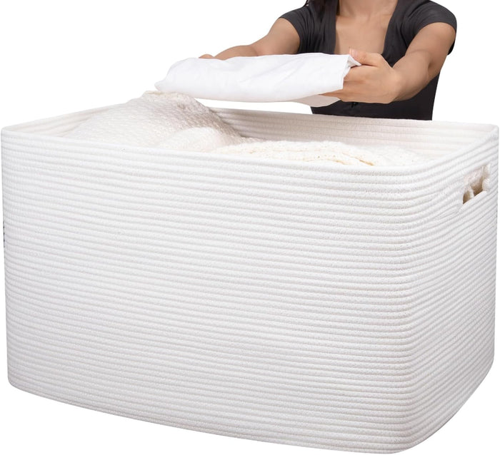 OIAHOMY 118L XXXLarge Rope Storage Basket, Oversized Blanket Basket White