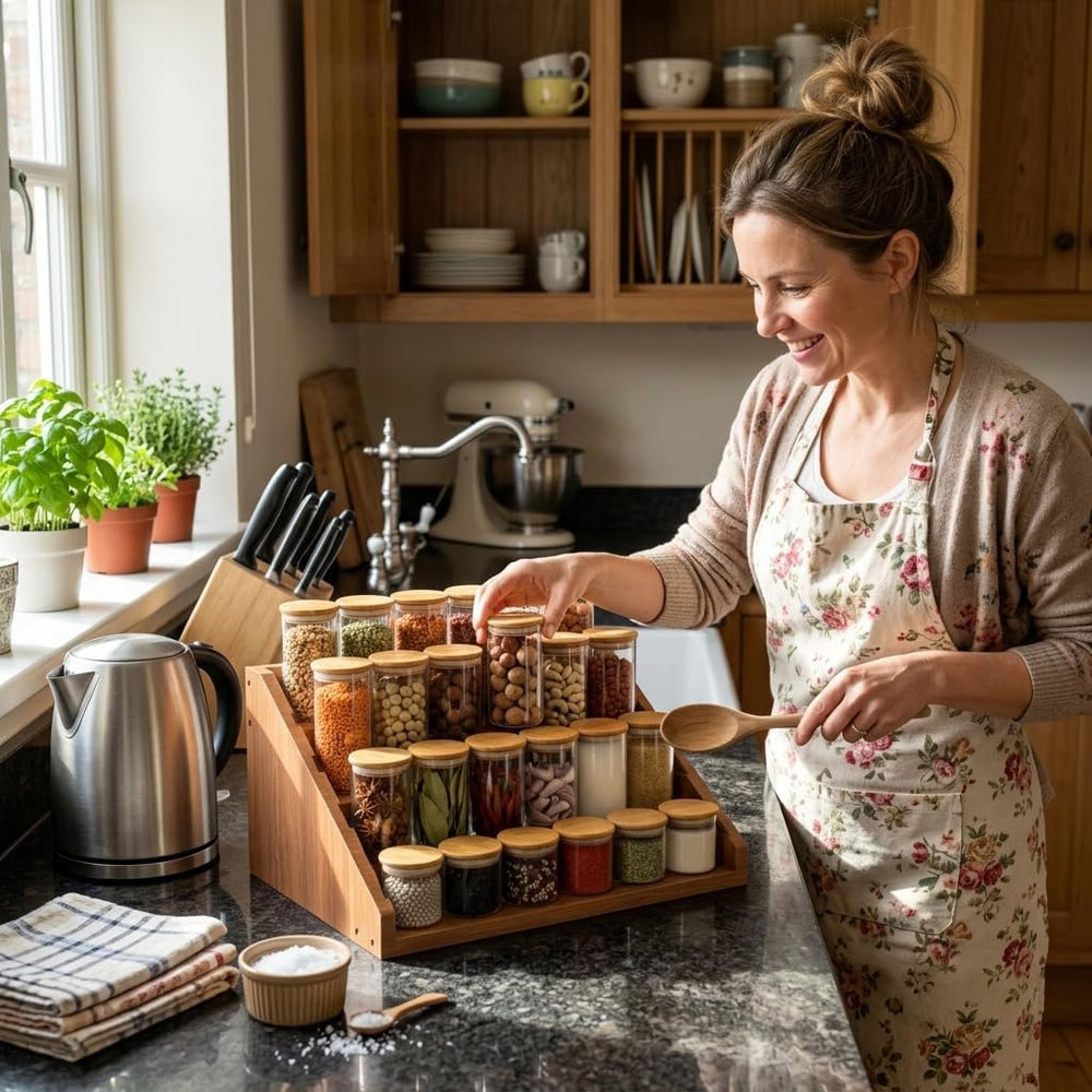 Solid Wood Spice Rack Organizer for Countertop & Cabinet, 4 Tier Adjustab...