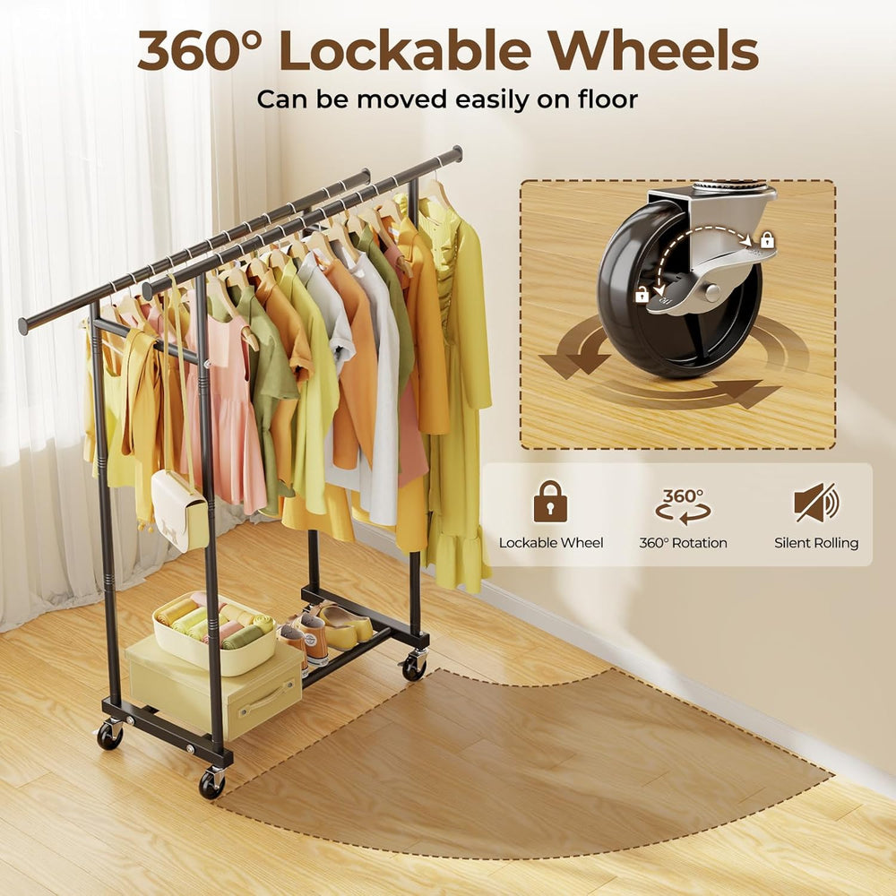 HYSEYY Double Rods Clothes Rack, Rolling Clothing Rack for Hanging Clothes Po...