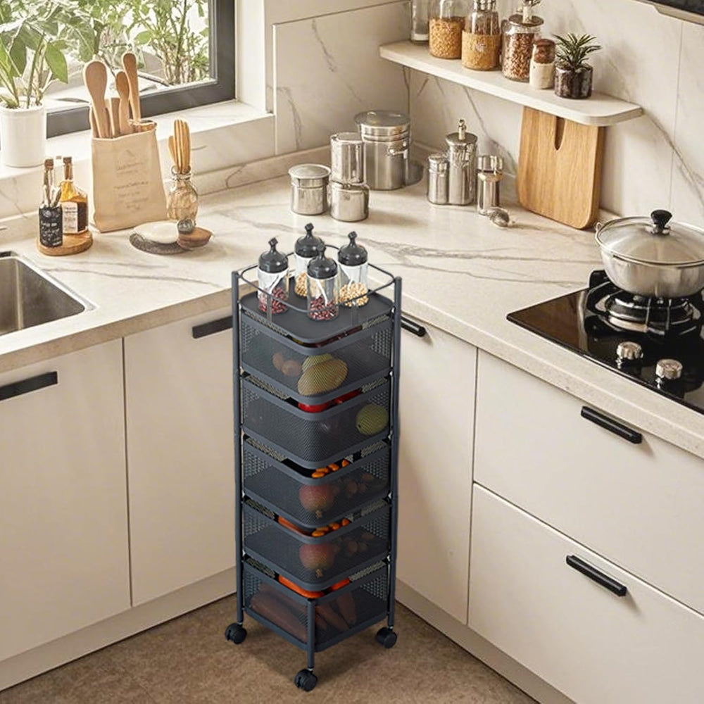 5-Tier Kitchen Storage Cart, Fruit and Vegetable Basket Rotating Storage Rack...