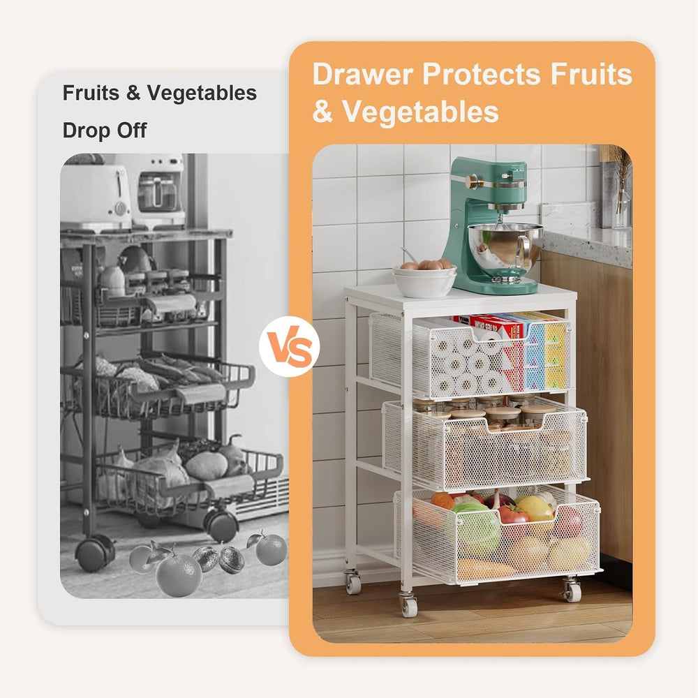 Kitchen Cart with Storage, 3-Tier Pantry Organizer and Storage Cart with Draw...