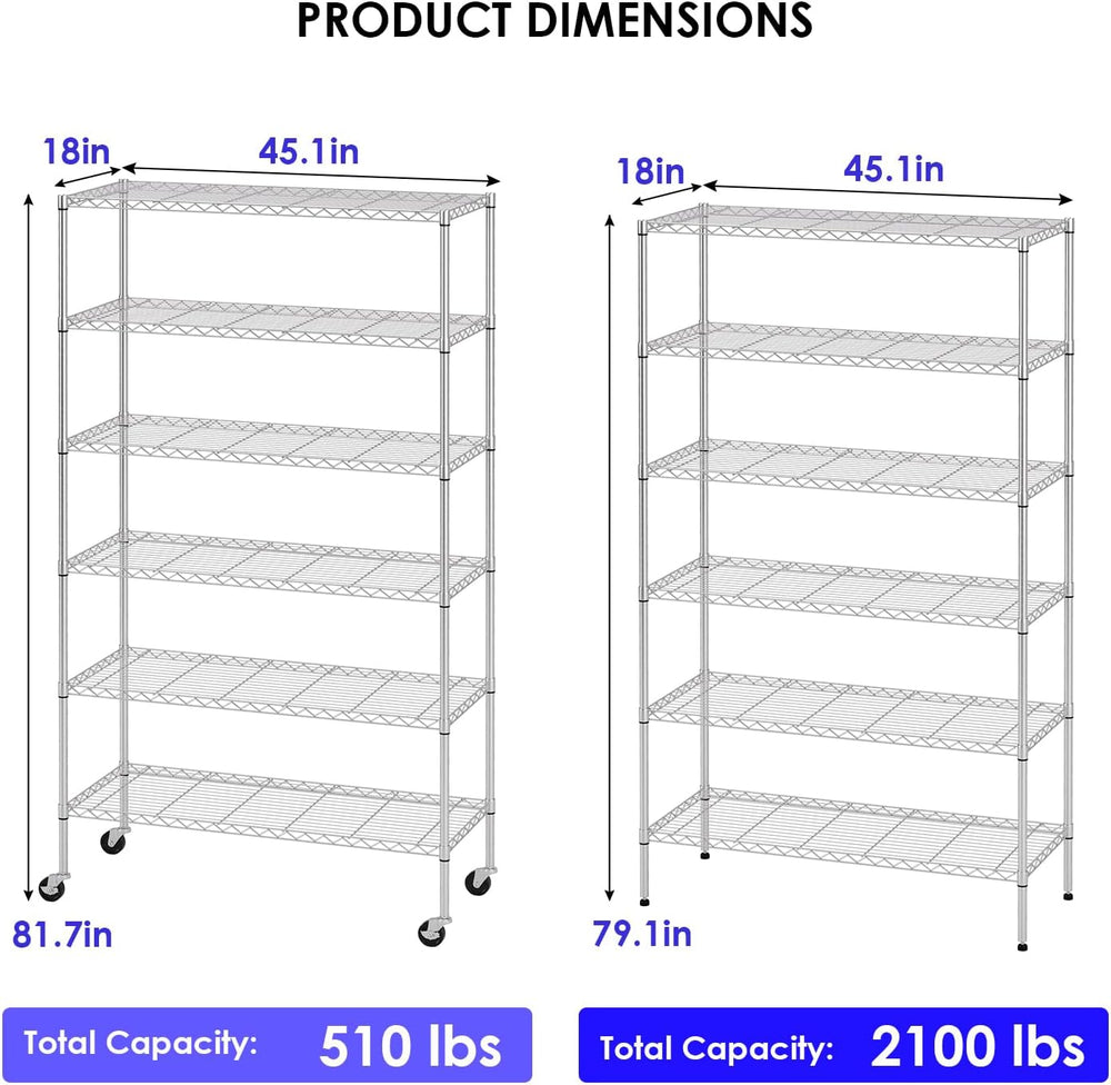 FDW | 6-Tier Garage Shelving with Wheels | 45" x 18" x 82" | W...