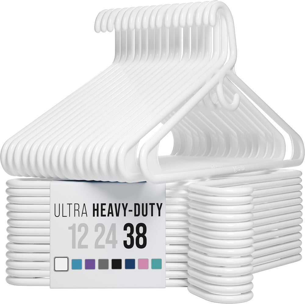 NEATERIZE Thick Heavy Duty Hangers - White Plastic Clothes Hangers 38 Pack - ...