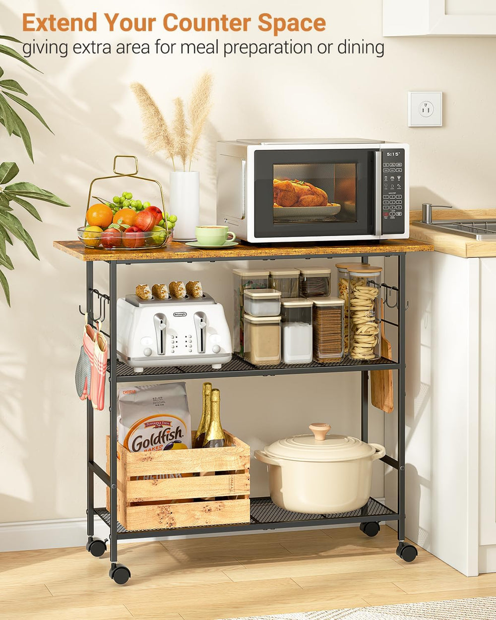 Kitchen Island with 3 Shelves, Rolling Kitchen Cart with 6 Hooks and Protecti...