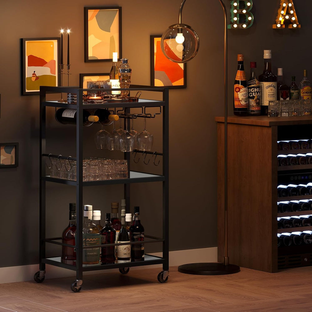 TUTOTAK Bar Cart with 3 Mirrored Shelves, Wine Rack & Glass Holder