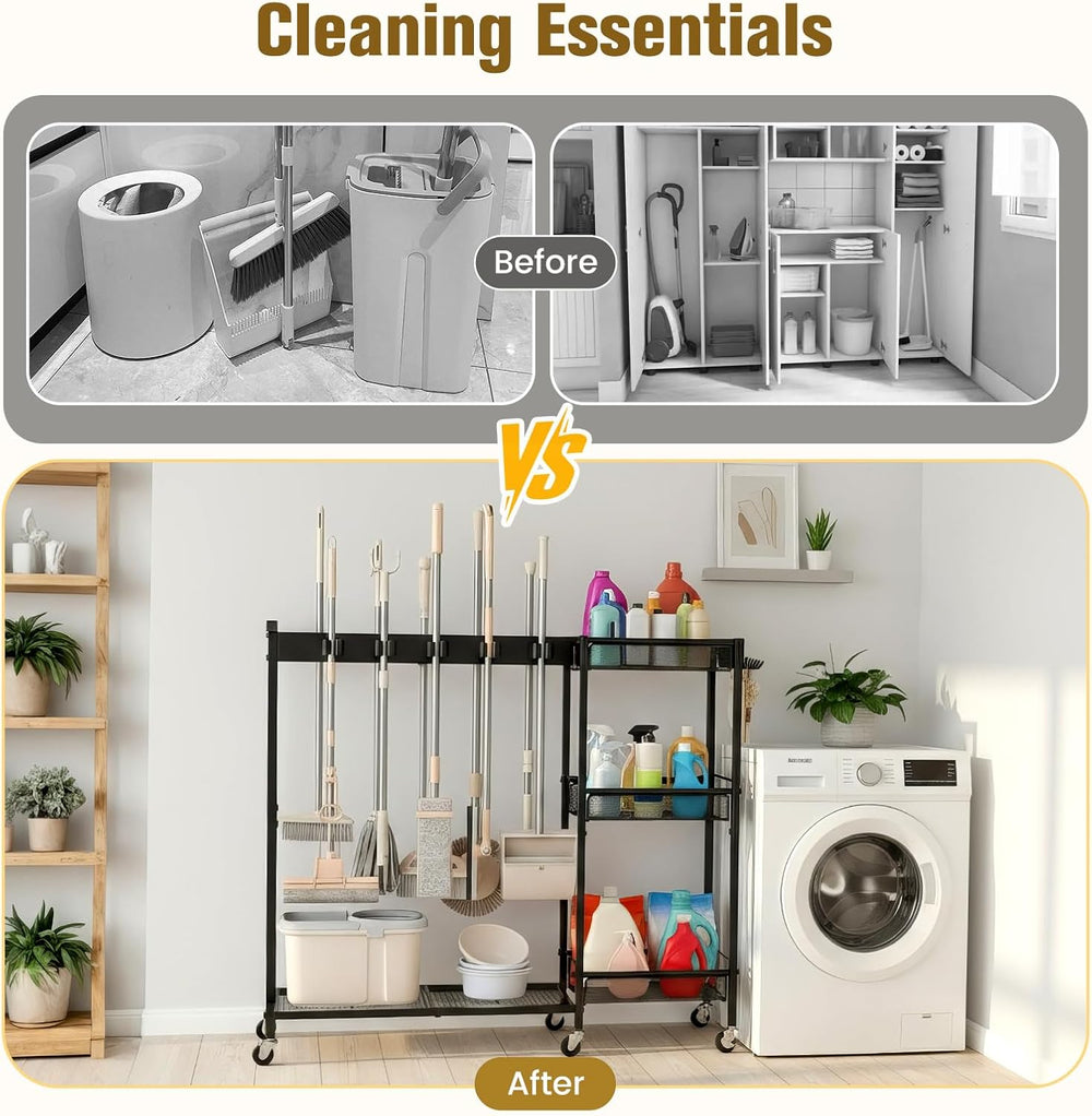 Broom Holder with Cleaning Supplies Organizer, Cleaning Utility Cart on Wheel...