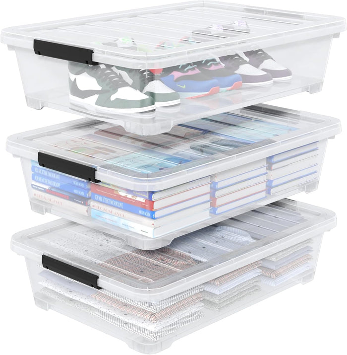 40 Quart Plastic Clear Underbed Storage Bin with Wheels, 3 Packs