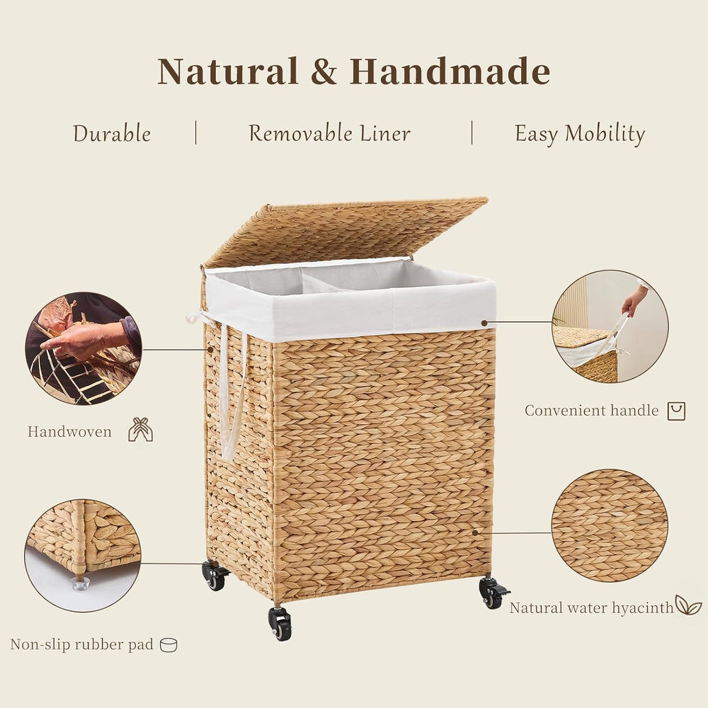 2-Section Laundry Hamper with Lid, Large Capacity Woven Natural Water Hyacint...
