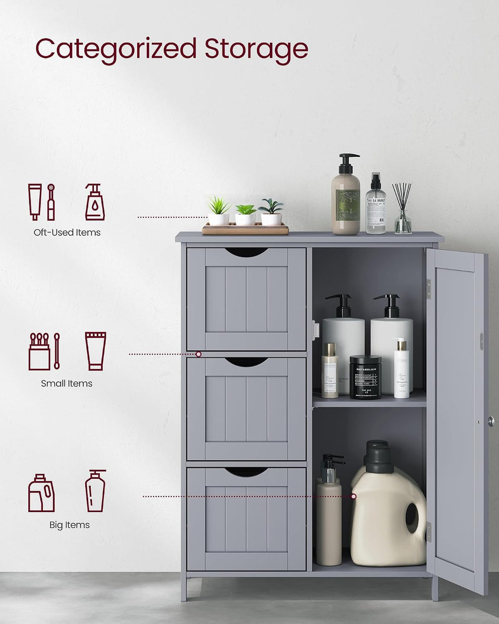 VASAGLE Bathroom Floor Storage Cabinet, 3 Drawers, Dove Gray