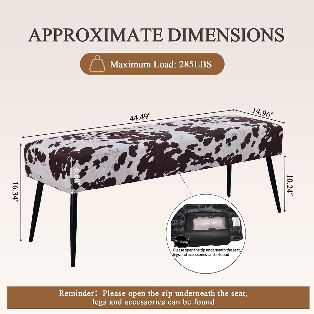 DUHOME Velvet Bench Ottoman, Upholstered Bedroom Benches Cow Print
