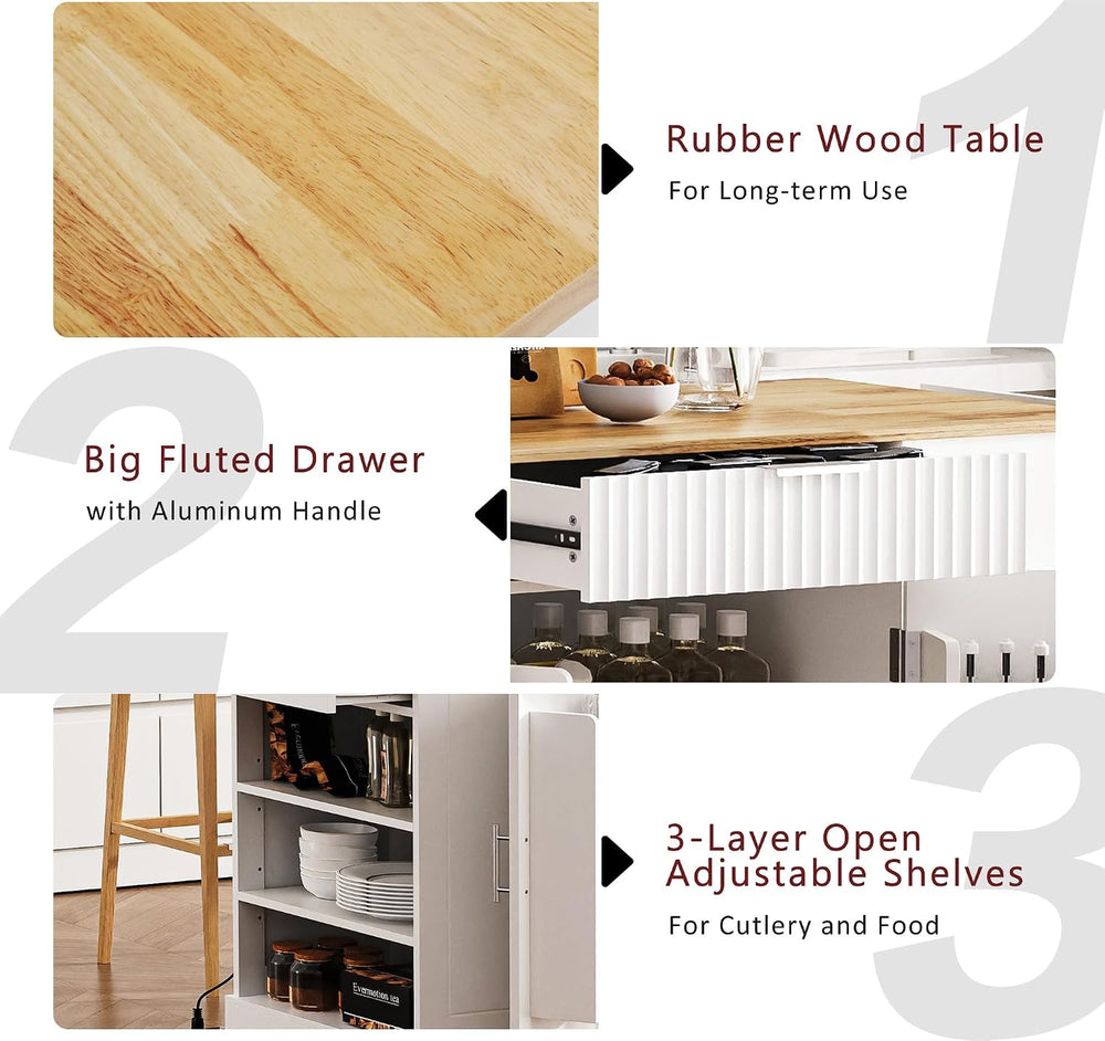 Merax Fluted Kitchen Island with Trash Can Storage Cabinet, Power Outlet, Int...