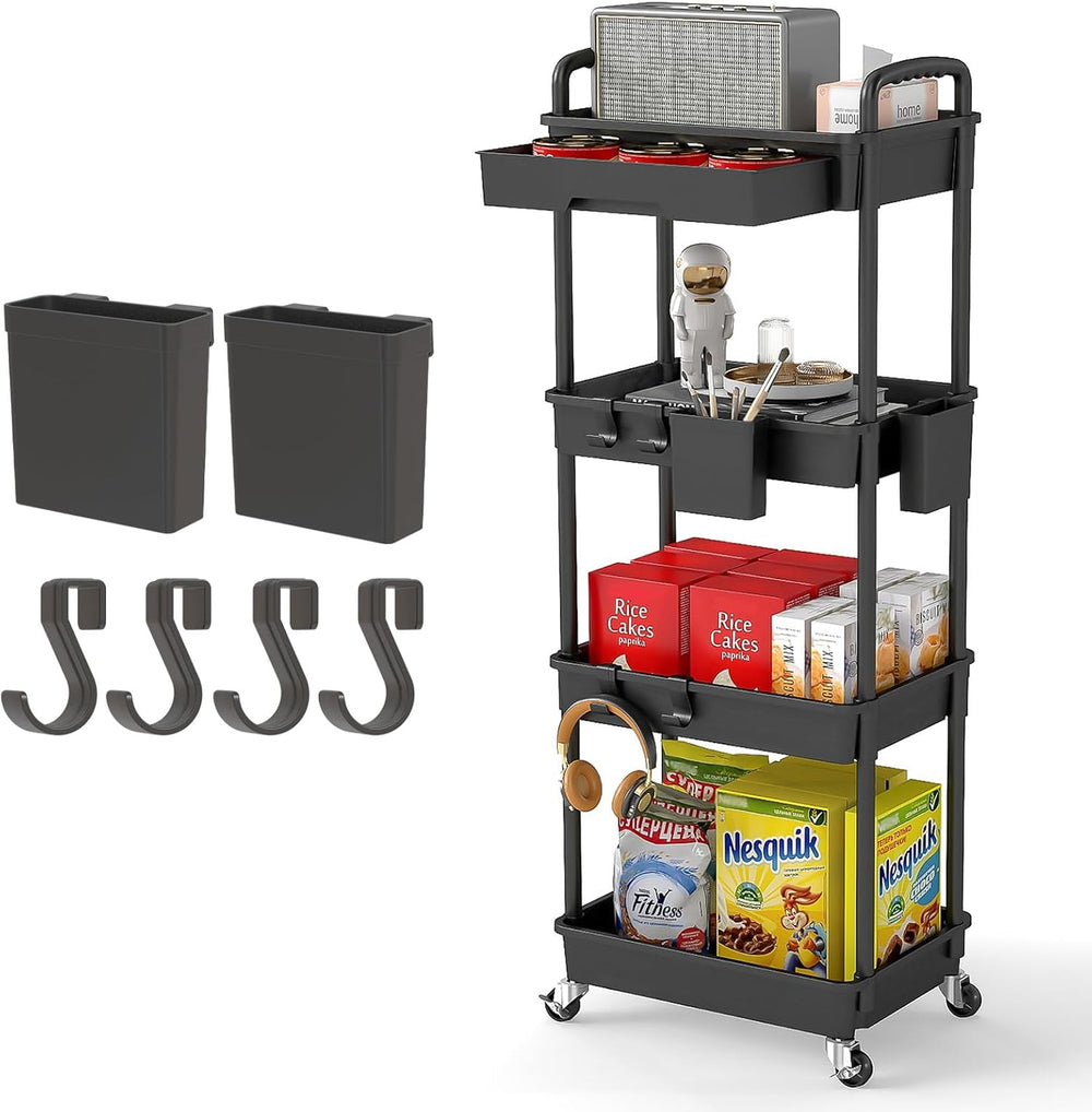 4 Tier Rolling Utility Cart with Drawer,REBECAT Utility Cart Made of Multifun...