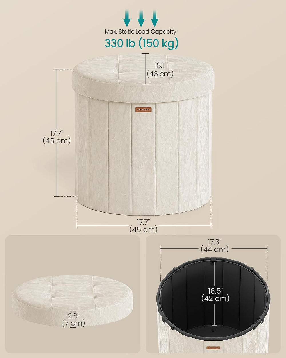 SONGMICS Storage Ottoman Round PU Vanity Stool, 18.5 x 18.5 x 17.7 Inch