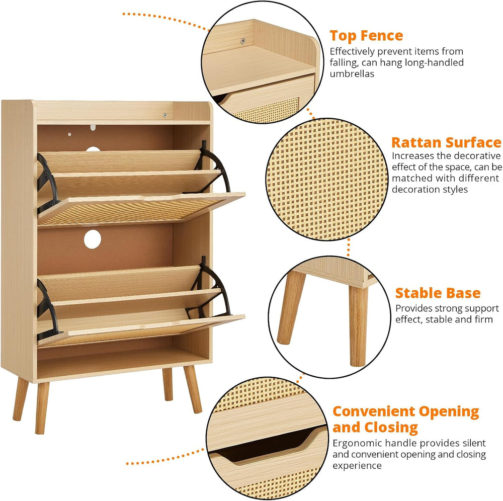 Natural Woven Rattan 2-Tier Shoe Cabinet, Narrow 9.25-Inch Depth with Flip-Dr...