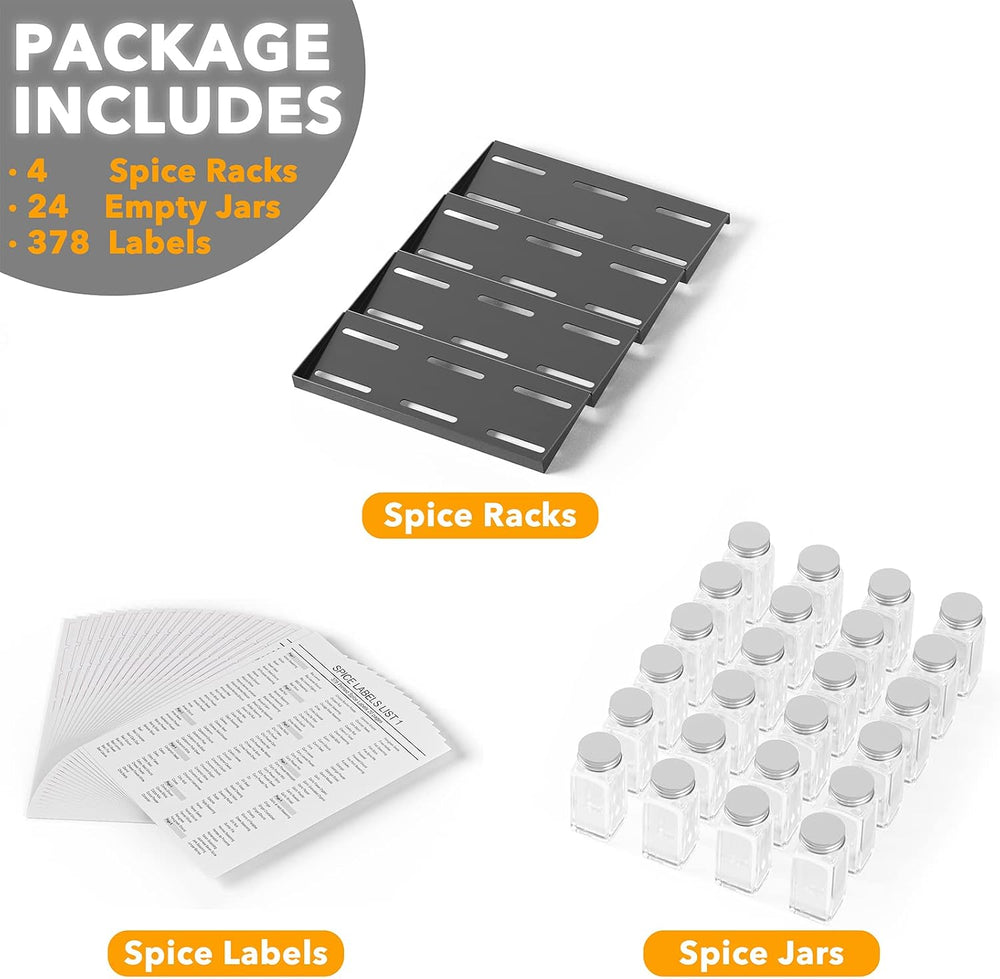SpaceAid Spice Drawer Organizer with 24 Spice Jars, 378 White Minimalist Spic...