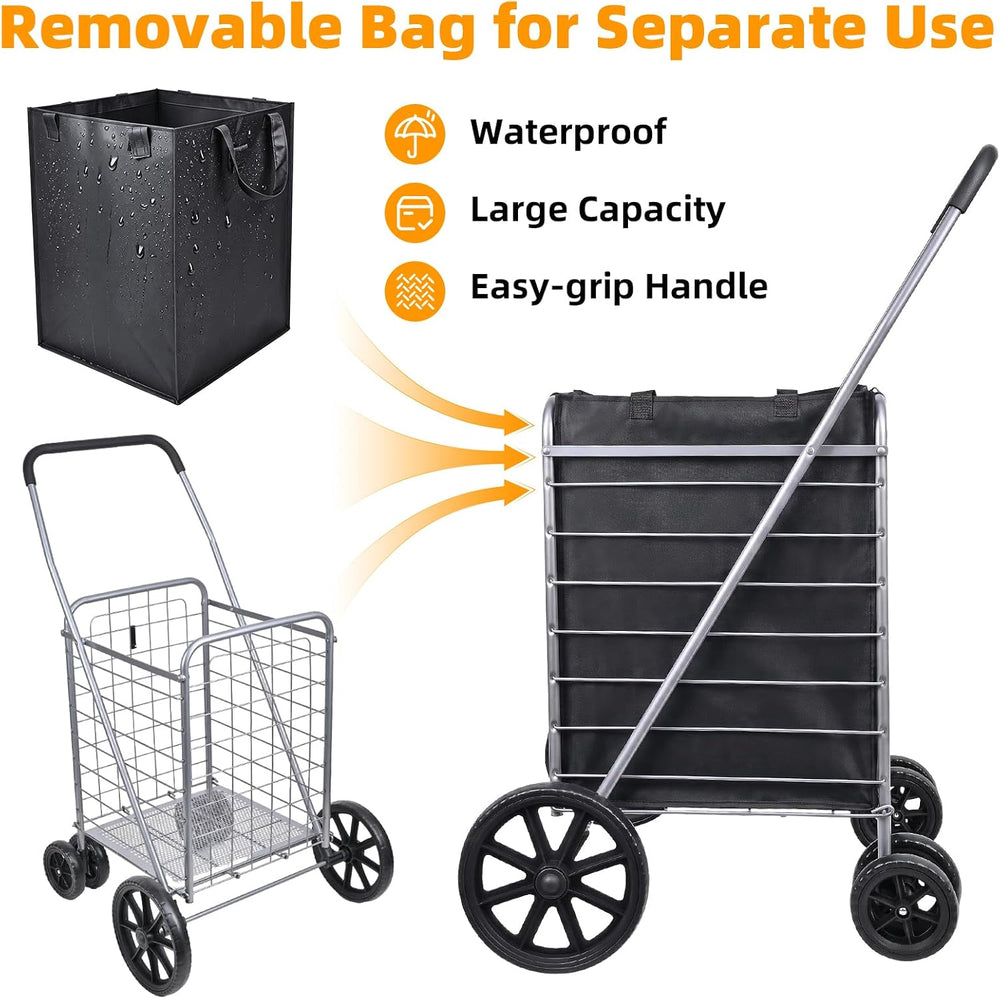 Folding Shopping Cart with Large Front Wheels, Grocery Cart with Waterproof L...