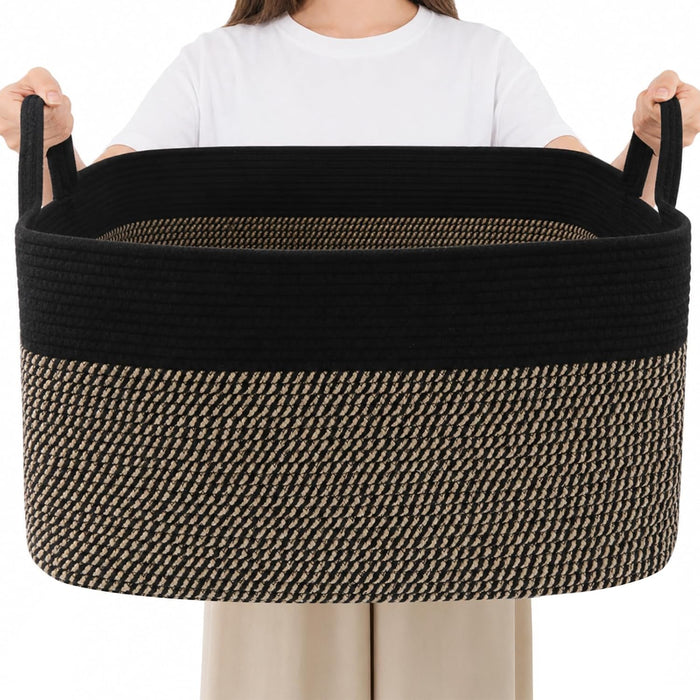 96L Laundry Basket with Handles, Extra Blanket Basket, Black/Jute