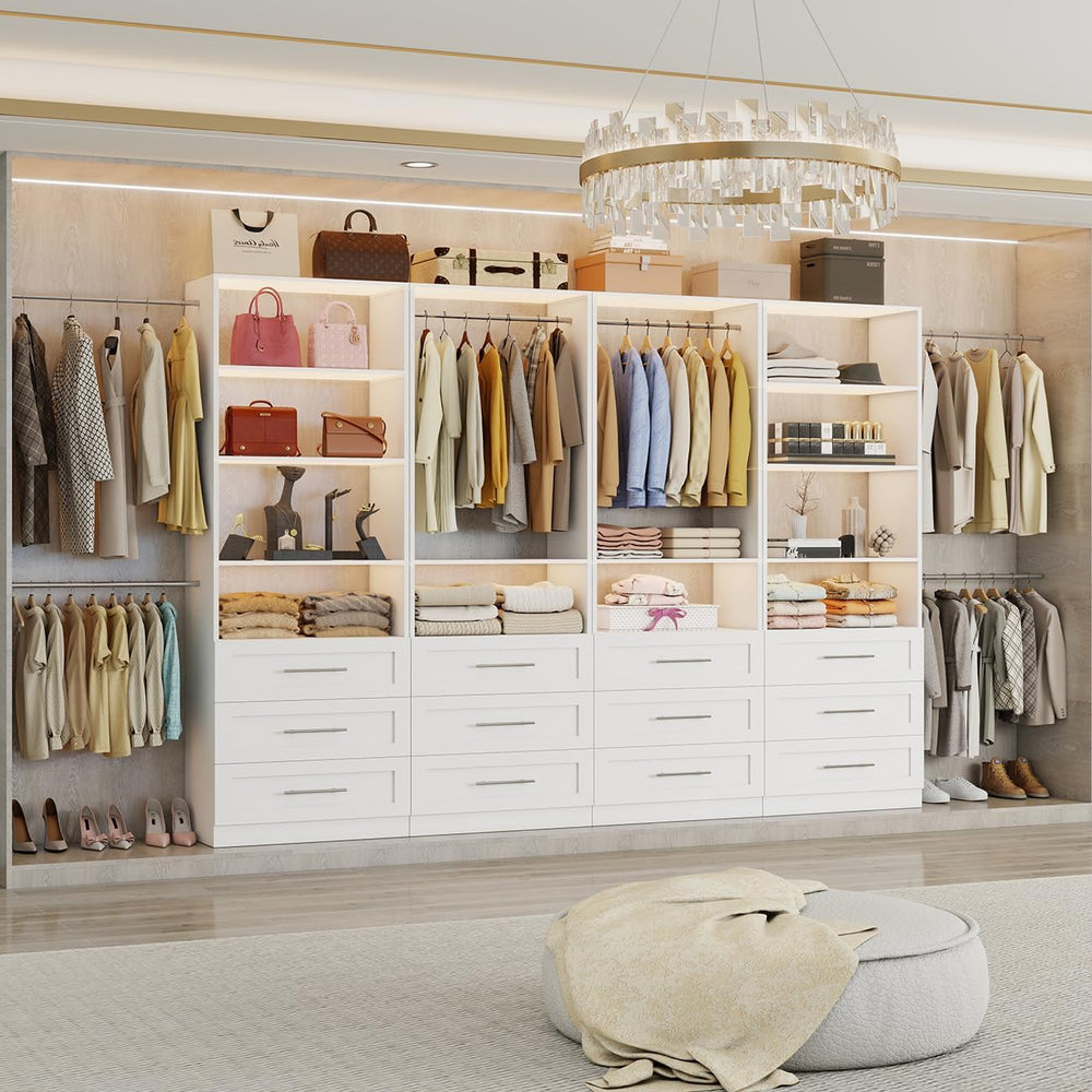 Closet System with 12 Drawers, 96" Wooden Closet Organizer System
